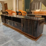 Elegant TV Stand with Natural Wood Veneer, Marble Top, Stainless Steel Frame and Concealed Storage Compartments